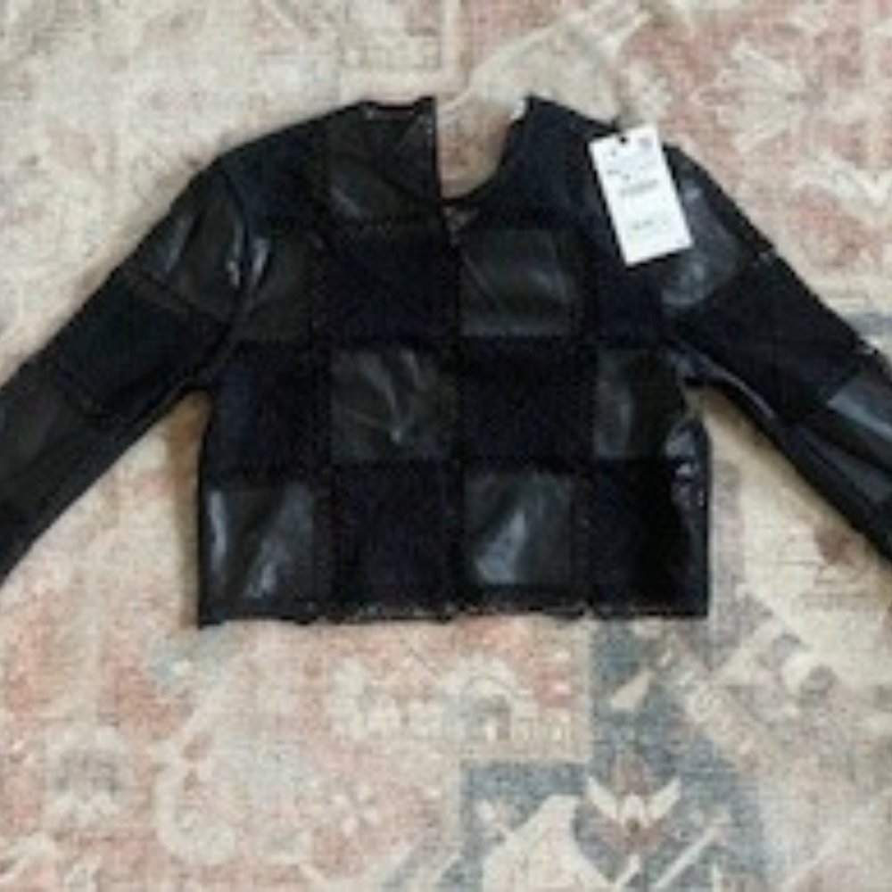 Zara black long sleeve black lace/leather blouse/shirt